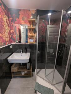 エアフルトにあるCozy Ferienwohnung Meet and Greet am Radfernwegの洗面台とシャワー付きのバスルーム