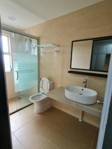 a bathroom with a sink and a toilet and a mirror at Lucky 7 Homestay - Utama Court in Sandakan