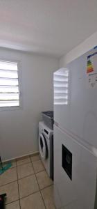 eine Küche mit einem Herd und einer Waschmaschine in der Unterkunft Refuge tropical entre mer et nature à Sainte-Rose Guadeloupe in Sainte-Rose