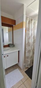 ein Badezimmer mit Waschbecken und Duschvorhang in der Unterkunft Refuge tropical entre mer et nature à Sainte-Rose Guadeloupe in Sainte-Rose