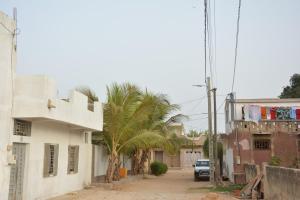 a street with palm trees and a white building at Beautiful Modern Villa in Mbour
