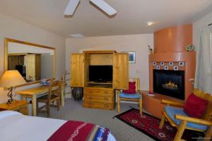 a bedroom with a bed and a tv and a fireplace at Adobe Hacienda - Anasazi Suite in Oak Creek