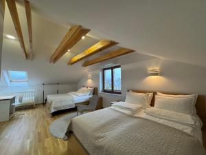 a bedroom with two beds and a couch and a tv at ANMARI Apartment & Rooms in Radovljica