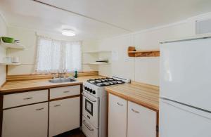 a small kitchen with a stove and a sink at 2-Bedroom Cottage #5 - Lodgepole Pine in Gravenhurst