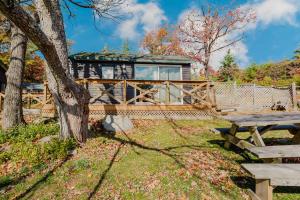 a wooden cabin with a picnic table and a tree at Studio Cottage #8 - Jack Pine in Gravenhurst