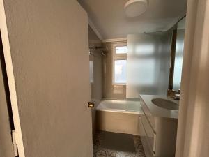 a bathroom with a sink and a bath tub and a window at Bicentenario Park Apartment in El Cerrillo