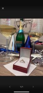 a bottle of wine and two glasses of white wine at Szeged Sunshine Apartman in Szeged