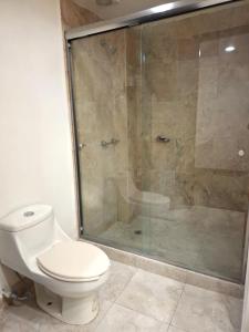 um banheiro com vaso sanitário e box de vidro em Hotel ALO! Express em Torreón