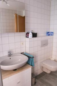 a bathroom with a sink and a toilet at Ferienwohnung Talblick in Meßstetten