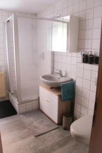 a bathroom with a sink and a toilet at Ferienwohnung Talblick in Meßstetten