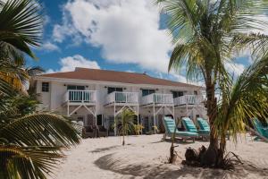 una casa en la playa con sillas y palmeras en Guana Beach Inn, en Great Guana Cay