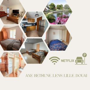 un collage de photos d'un salon dans l'établissement Maison - 3 chambres- 4 lits 3-6 personnes, à Beuvry