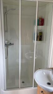 a bathroom with a shower and a sink at My happy place in Greencastle