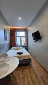 a bedroom with a bed and a table and a tv at Apart Complex Green Rewolucji 27 in Łódź