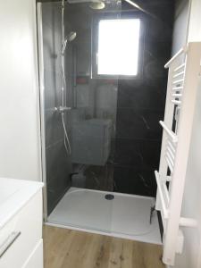 une salle de bain avec une douche avec une porte vitrée dans l'établissement Les Amarres, maison bois avec terrasse proche mer, à La Rochelle 5 autres photos