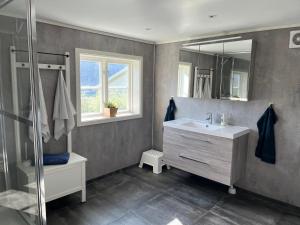 IsfjordenにあるGrey Lodgeの洗面台とシャワー付きのバスルーム +20枚の写真