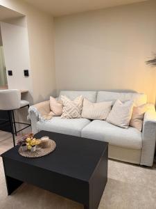 a living room with a couch and a coffee table at Notodden Luxe Apartment in Notodden