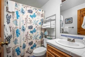 a bathroom with a sink and a toilet and a shower curtain at Twin Rocks Hideaway in Rockaway Beach +22 photos