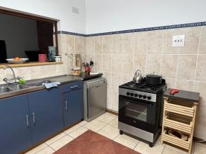 una cocina con estufa y fregadero en Summer Suite, en Hermanus