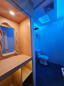 a bathroom with a toilet and a mirror at Villa paradise 360 pantai prigi in Tasikmadu