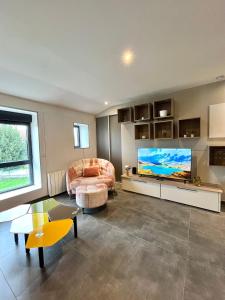 a living room with a large flat screen tv at Le Spacieux gare d'Oullins - 2 chambres - 3 lits - Parking privé in Pierre-Bénite