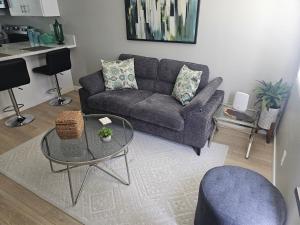 a living room with a couch and a glass table at Beautiful new construction 1br with full size appliances centrally located in La Mesa +8 photos