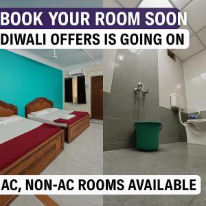 two pictures of a room with a bed and a bathroom at Hotel Raghunath Residency Niwas in Shirdi