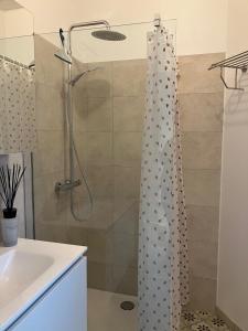 a shower with a shower curtain with hearts on it at Tampico, Holiday Home at river Schelde in Hamme +30 photos