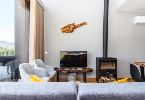 een woonkamer met een bank en een open haard bij Casas De Bouro 2 Casa Dos Jarros in Balança