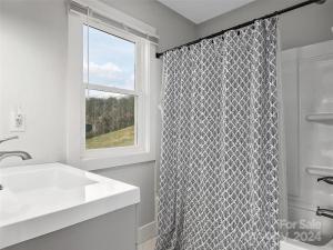 a bathroom with a shower curtain and a window at French Broad Overlook in Asheville +28 photos