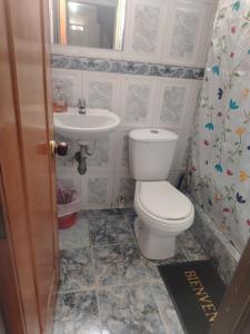 a bathroom with a toilet and a sink at Hotel mi casita in Bogotá