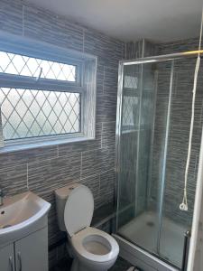 Un baño con inodoro, ducha y lavabo. en The Sawyers Court Home, en Chatham