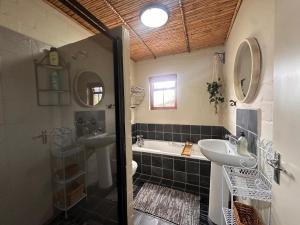 ein Badezimmer mit Dusche, Waschbecken und Badewanne in der Unterkunft Cottage K'Gari in Franschhoek + 12 Fotos
