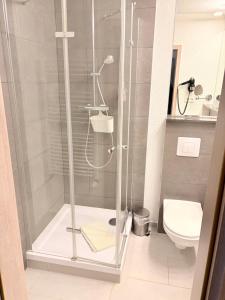 un baño con ducha y WC en Ostsee Radlerpension Peitz, en Peitz 29 fotos más