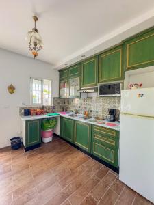 a kitchen with green cabinets and a white refrigerator at La Maison de haut in Tunis