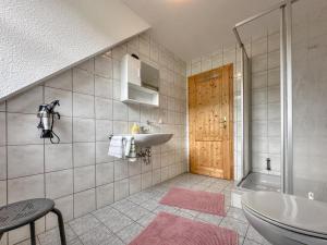 a bathroom with a sink and a toilet and a shower at Blumenhof in Dietersdorf