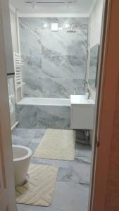 een badkamer met een wastafel, een bad en een toilet bij Voyage in Karakol