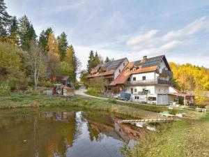 a large house next to a river with trees at Weiherblasch II in Dietersdorf