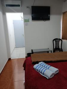 a bedroom with a bed with a red blanket and a flat screen tv at Hostel el Amanecer in Puerto Iguazú