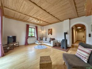 a living room with a couch and a tv at Weiherblasch I in Dietersdorf