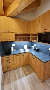 デマノブスカ・ドリーナにあるJasna Chalet - Chopok viewのシンクと木製のキャビネットを備えたキッチン