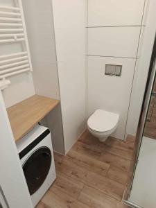 a small bathroom with a toilet and a washing machine at Old Town Apartment Elbląg in Elblag
