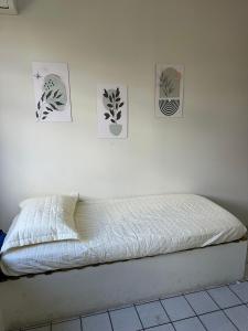 a bed in a room with pictures on the wall at com churrasqueira em Canasvieiras in Florianópolis +42 photos