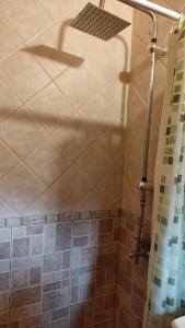 eine Dusche mit Duschvorhang im Bad in der Unterkunft Ecos Casas de Montaña in Sierra de la Ventana + 37 Fotos