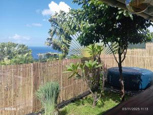 Caribbean Sunset, Malendure, Vue Mer, Jacuzzi Privé في بويانت: سياج مع حاوية زرقاء بجوار شجرة