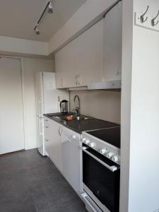 a kitchen with white cabinets and a black stove top oven at Aurora view apartment III - close to everything in Tromsø