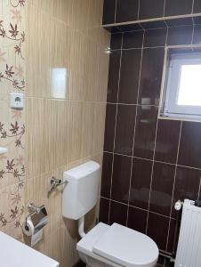 a small bathroom with a toilet and a window at Rooms Jelengrad in Petrijevci