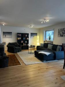 a living room with a blue couch and a fireplace at Apartment Sansibar in Bann