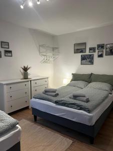 a bedroom with a large bed and a dresser at Apartment Sansibar in Bann