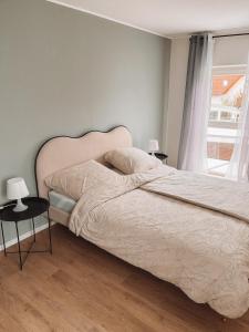 een slaapkamer met een bed met een hoofdeinde en een raam bij Ella House in Lingen